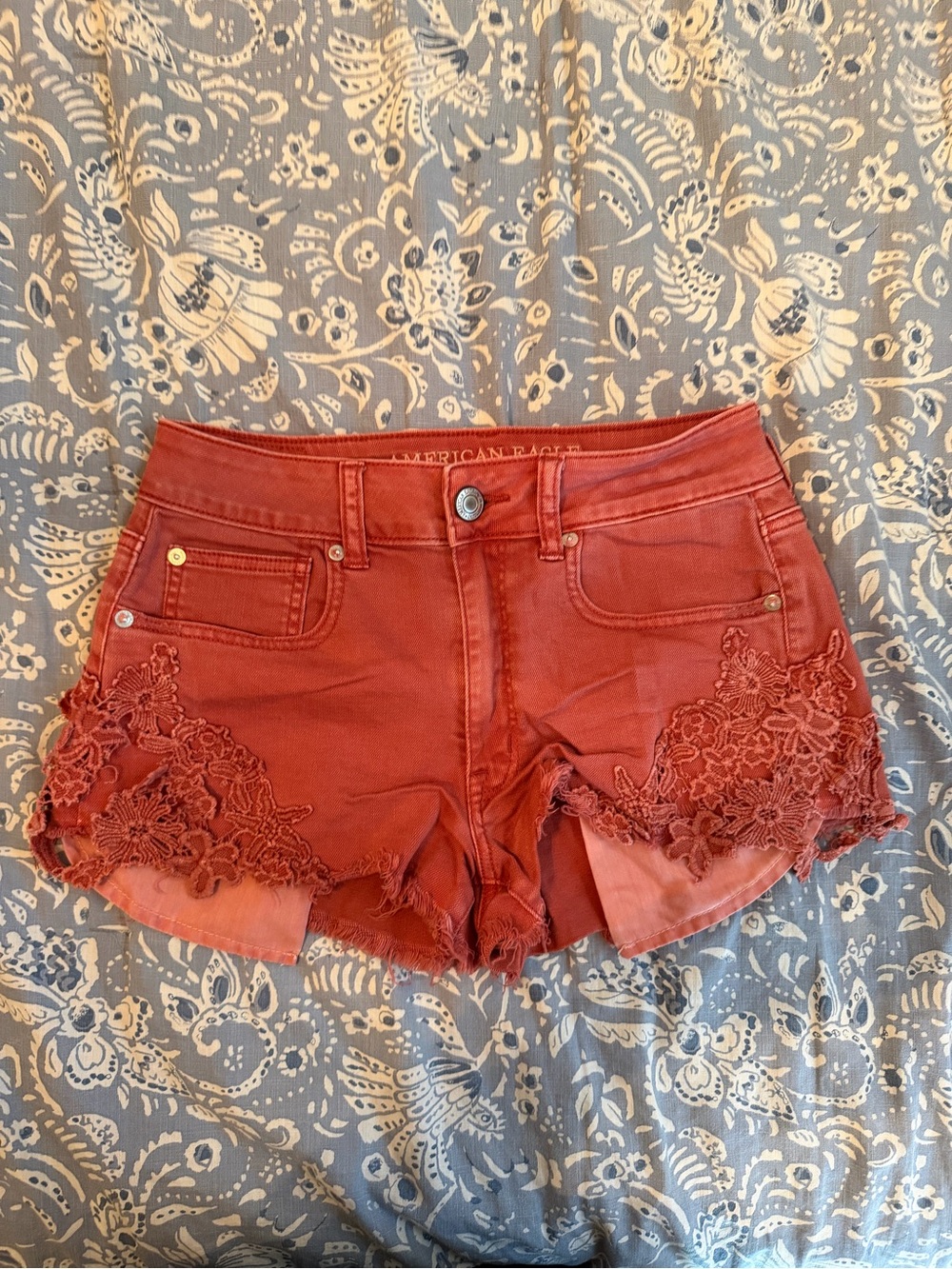 American Eagle Outfitters Rust Lace-Trim Denim Shorts